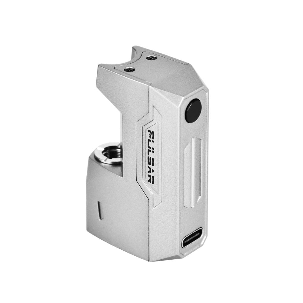 A crisp, front-facing studio shot of the Pulsar GiGi H2O vape battery in a sleek Gunmetal Gray finish. The device is displayed empty and without the lower adapter attached, highlighting its polished metallic gunmetal aesthetics, the integrated square activation button, and its pocket-friendly 2.15-inch form factor.