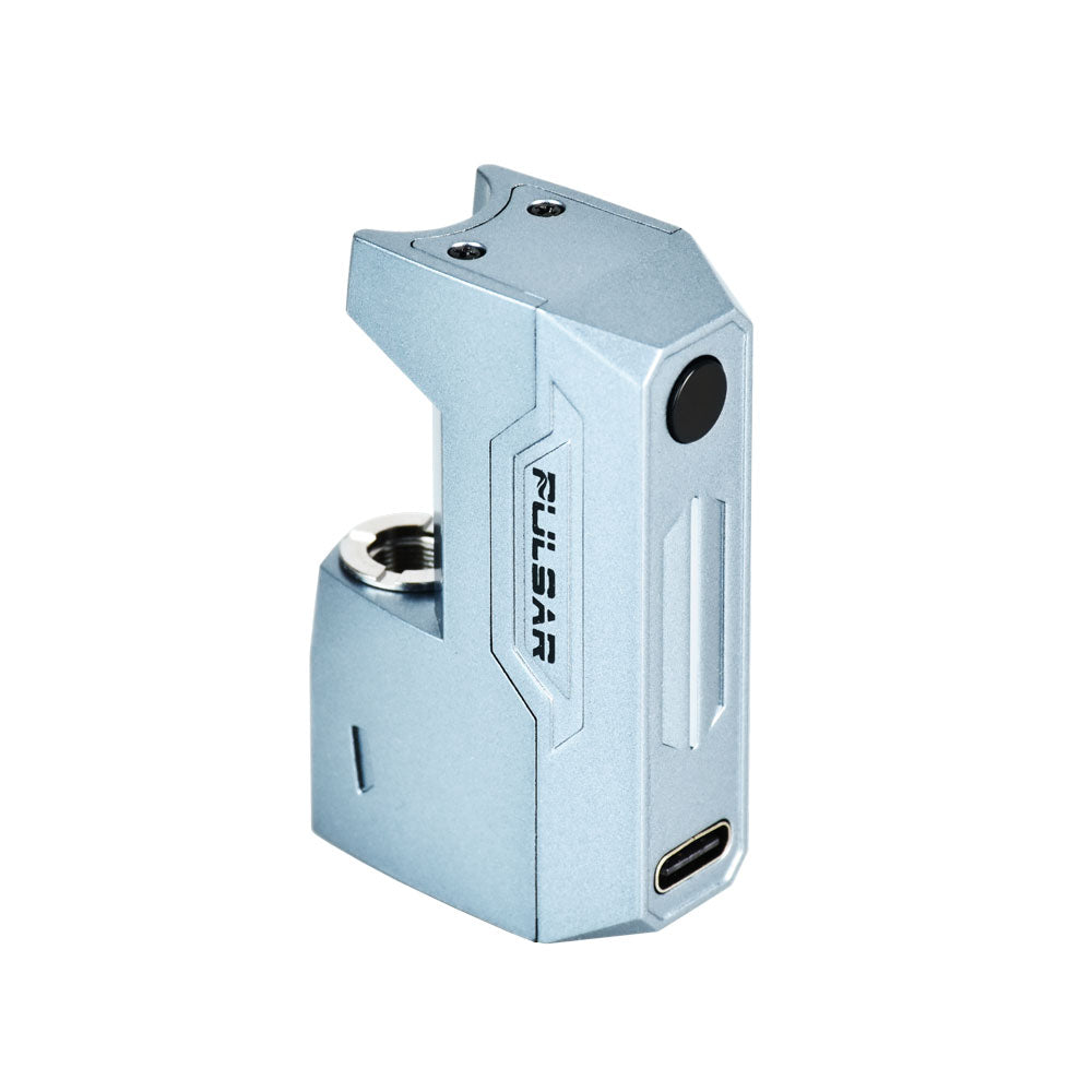 A clean, front-facing studio product shot of the Pulsar GiGi H2O 510 vape battery in Steel Blue. The device is shown without any attachments or oil cartridges, highlighting its sophisticated, muted metallic blue-gray finish, the single square central activation button, and its compact palm-sized engineering.