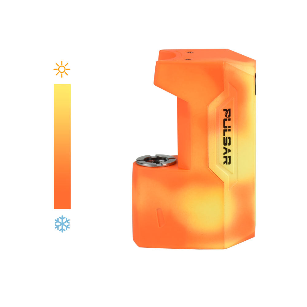 A crisp, front-facing studio product shot of the Pulsar GiGi H2O 510 vape battery in the Thermo Orange Yellow colorway. The image shows the device stand-alone and empty, capturing its heat-reactive thermochromic body finish designed to shift dynamically between vivid orange when cold and a bright yellow color when warm.