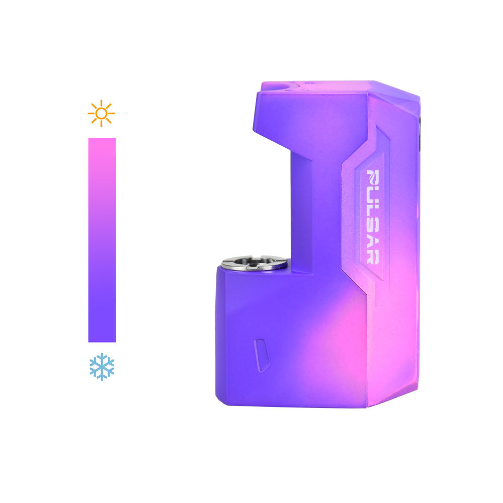 A clean, front-facing studio shot of the Pulsar GiGi H2O vape battery in the Thermo Purple Pink colorway. The empty pocket mod features a heat-sensitive thermochromic shell designed to smoothly transition from a deep purple when cold to a soft, bright pink color when warm.