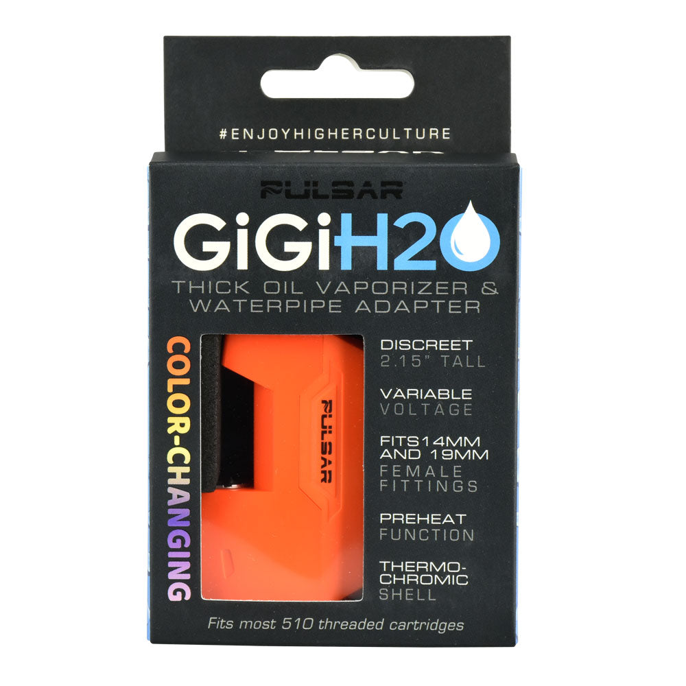 A clean, straight front-facing studio shot of the official Pulsar GiGi H2O retail packaging box. The vibrant cardboard box features prominent Pulsar branding, a clear window showcasing the device inside, sleek product graphics highlighting its water pipe compatibility, and text detailing the 500mAh capacity and variable voltage features.