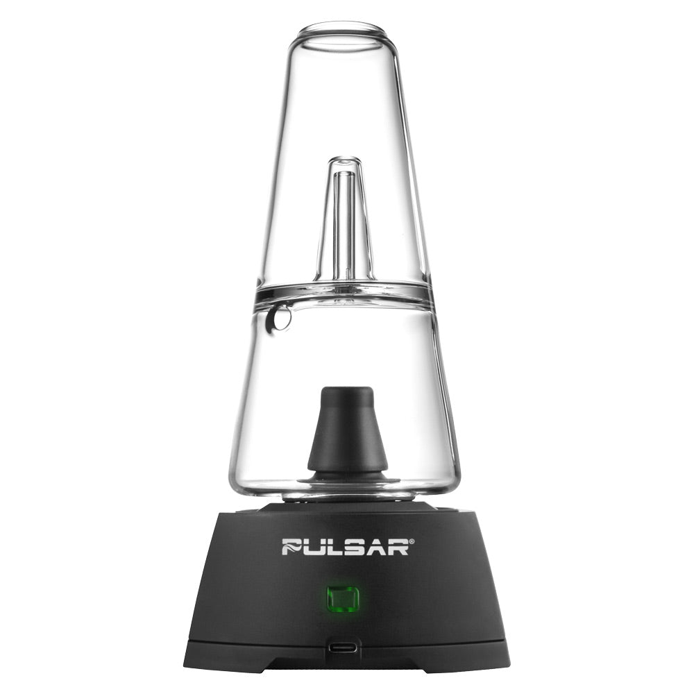A front-facing vertical studio shot of the Pulsar Sipper Bubbler Cup Edition. The device features a matte black base with a central circular touchpad control ring, topped with a clear borosilicate glass bubbler cup showing internal water filtration percs and a clear protective cover over the cartridge chamber.