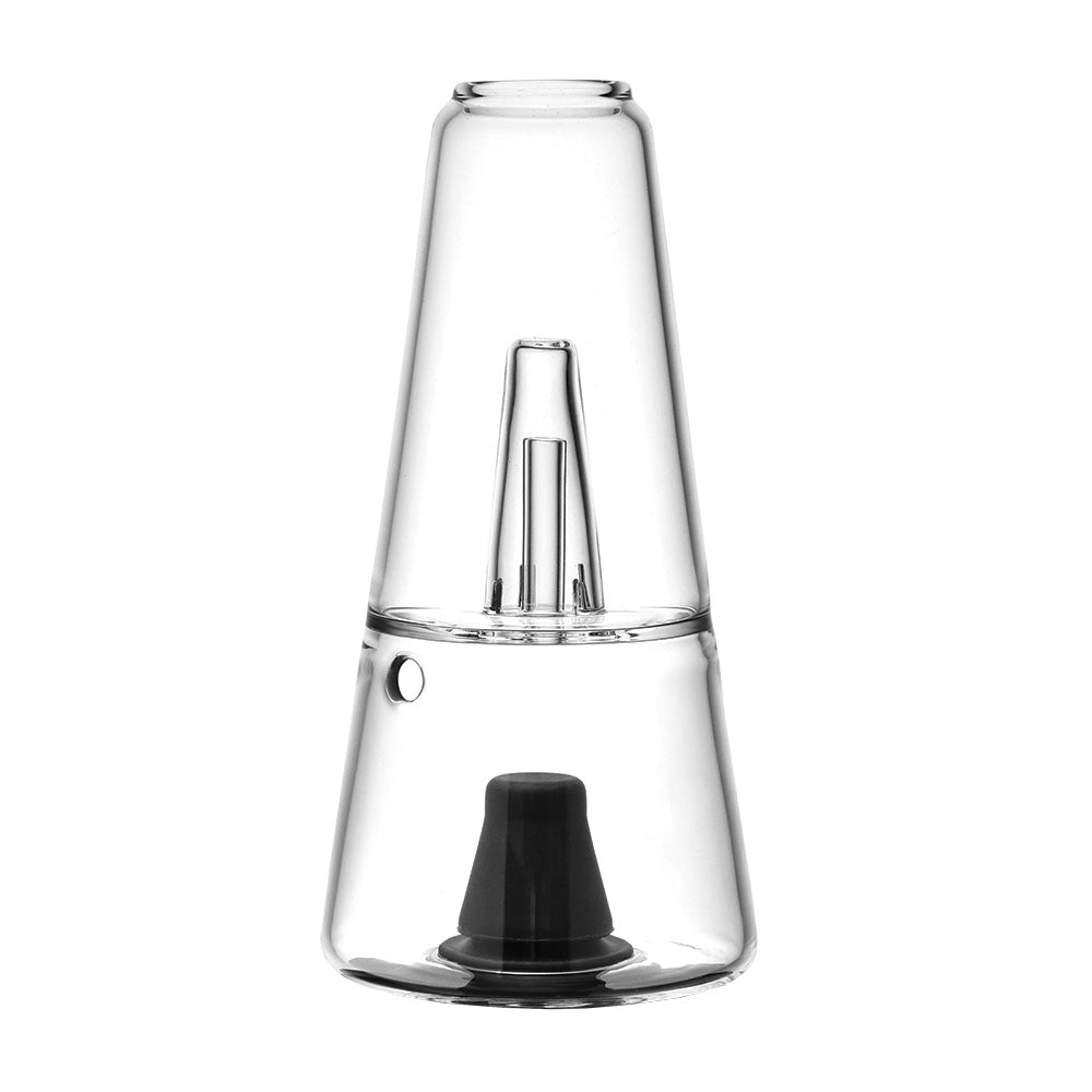 A studio shot of the Pulsar Sipper Replacement Glass Bubbler Cup. This high-quality borosilicate glass attachment features an integrated internal percolator downstem for water filtration, a flared upper rim for drinking or sipping vapor, and an open bottom base designed to fit airtight onto the Sipper electronic base.