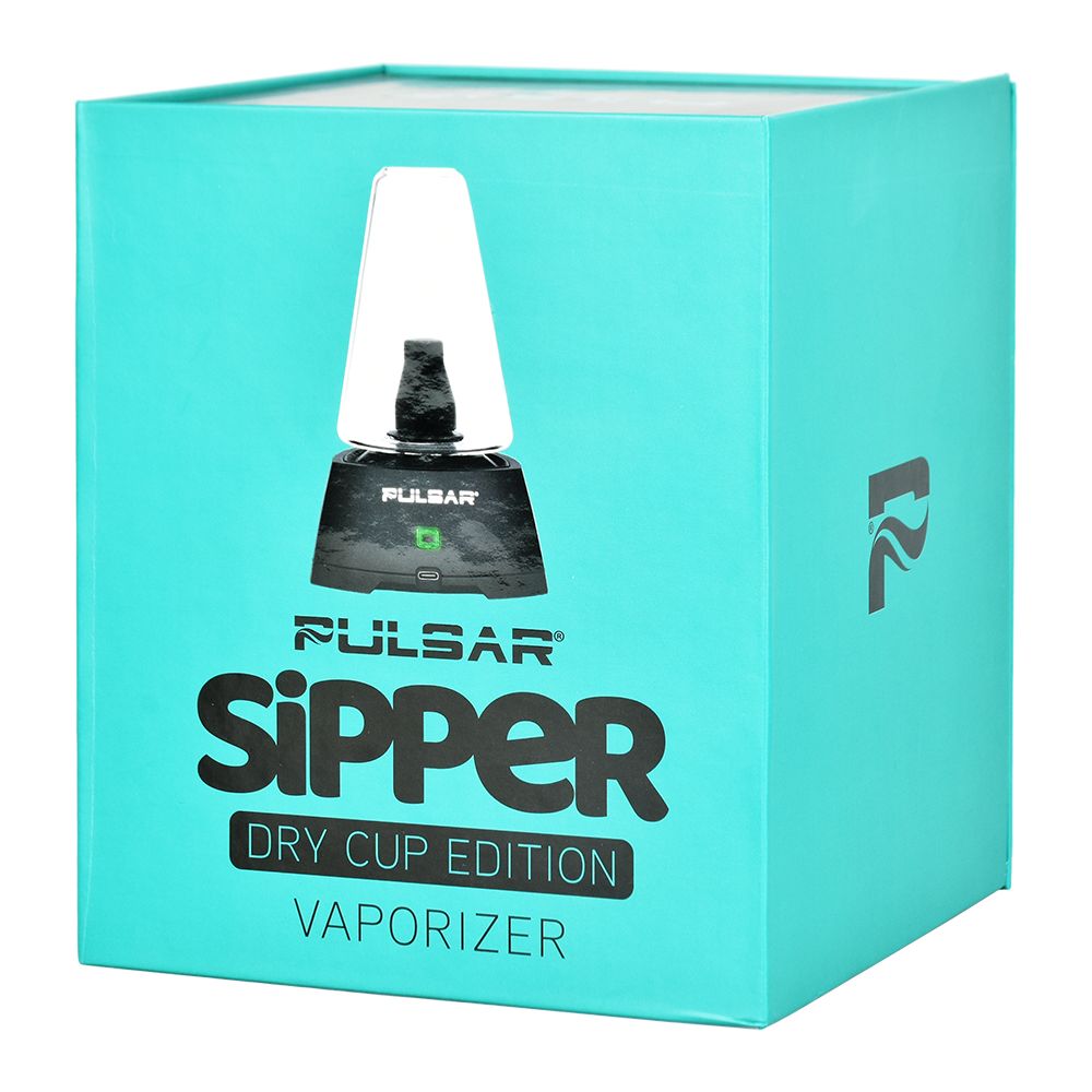 A crisp, front-facing studio shot of the Pulsar Sipper retail box. The premium packaging features vibrant graphics showing the device in action with colorful vapor, highlighting key product features like the 1500mAh battery capacity, dual-use concentrate or 510 compatibility, and the signature hands-free auto-fill design.