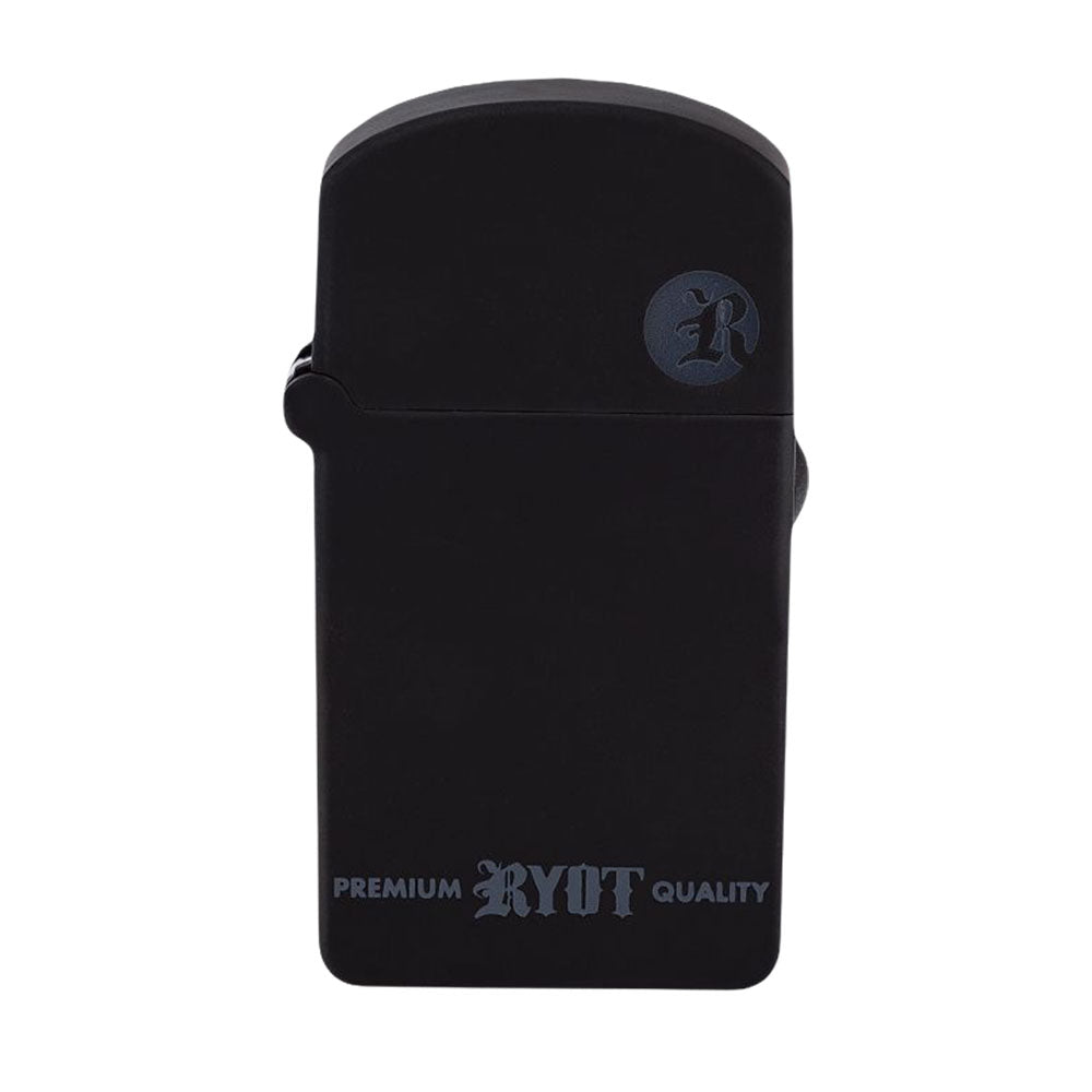 A crisp, front-facing studio product shot of the RYOT VERB 510 Flip vaporizer in Solid Matte Black. The device is shown entirely closed with its top lid snapped down, highlighting its clean, minimalist pocket-lighter design, smooth ergonomics, and subtle debossed RYOT branding along the side frame.