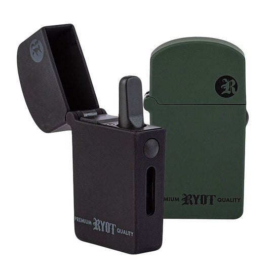 A clean studio product shot displaying two colorways of the RYOT VERB 510 Flip vape battery standing side-by-side. On the left, the Solid Matte Black edition is shown flipped open, clearly revealing an installed 510 oil cartridge dropping into the internal magnetic connection chamber. On the right, the two-tone Black and Army Green edition stands completely closed, showing its seamless, stealthy lighter-style profile.