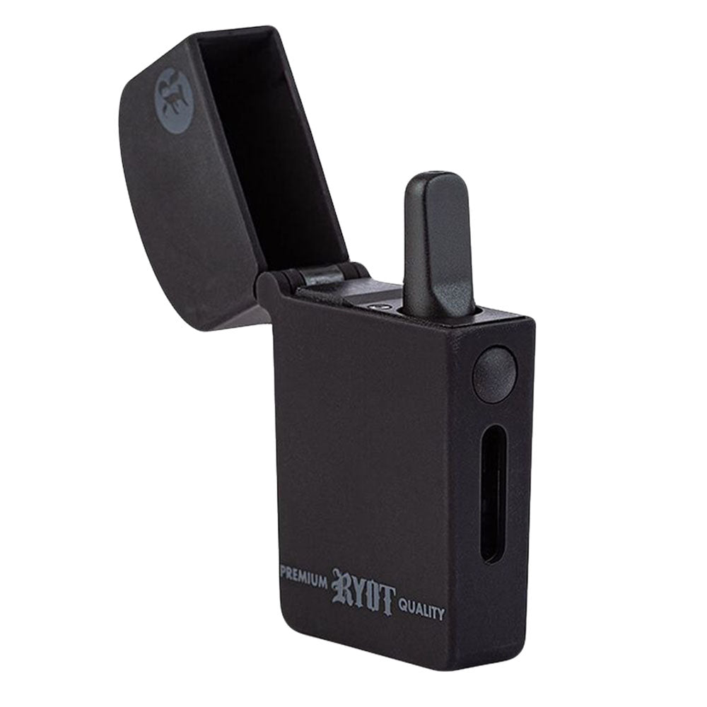 A crisp studio product shot of the RYOT VERB 510 Flip vaporizer in Solid Matte Black with its top lid flipped wide open. The image provides a direct view into the internal chamber, showing a 510-threaded oil cartridge magnetically installed and standing ready for use.