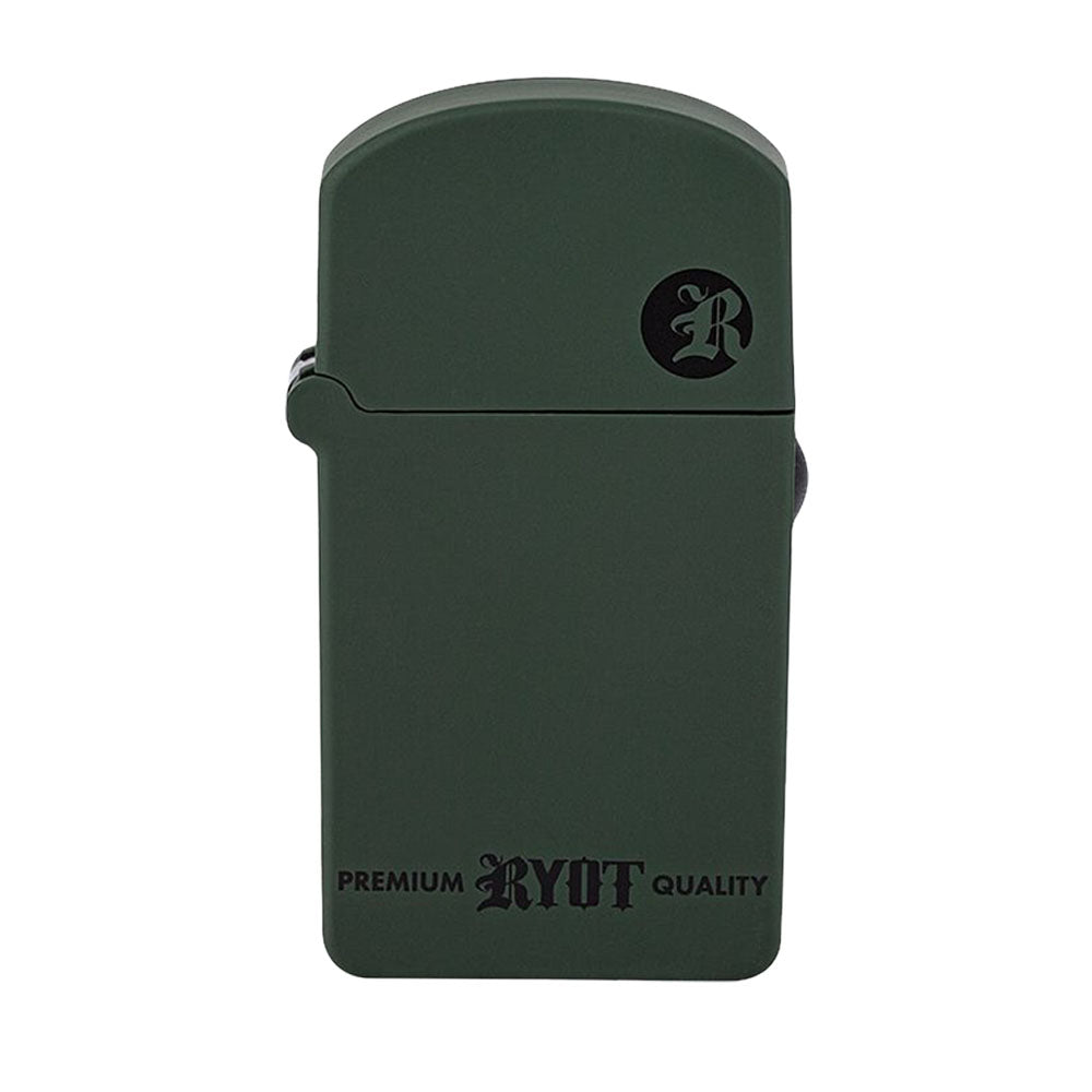 A clean, front-facing studio shot of the RYOT VERB 510 Flip vape battery in the two-tone Army Green and Black colorway. The device is shown entirely snapped shut, highlighting the rich olive green front and back protective panels paired with a sleek black hinge and frame.