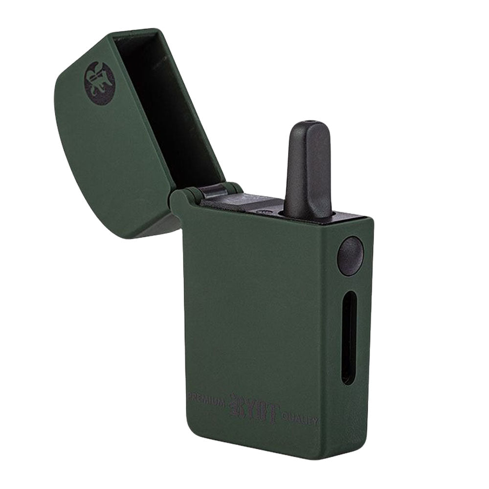 A crisp studio product shot of the RYOT VERB 510 Flip vaporizer in the Army Green and Black colorway with its top lid flipped wide open. The angle reveals a 510-threaded oil cartridge magnetically locked into place inside the internal base, ready for a session.