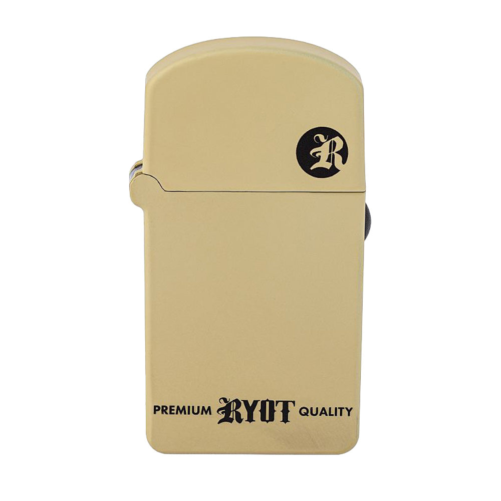 A clean, front-facing studio shot of the RYOT VERB 510 Flip vape battery in the two-tone Tan and Black colorway. The device is shown completely closed with the lid snapped shut, highlighting its desert tan front and back protective panels contrasted by the sleek black frame.