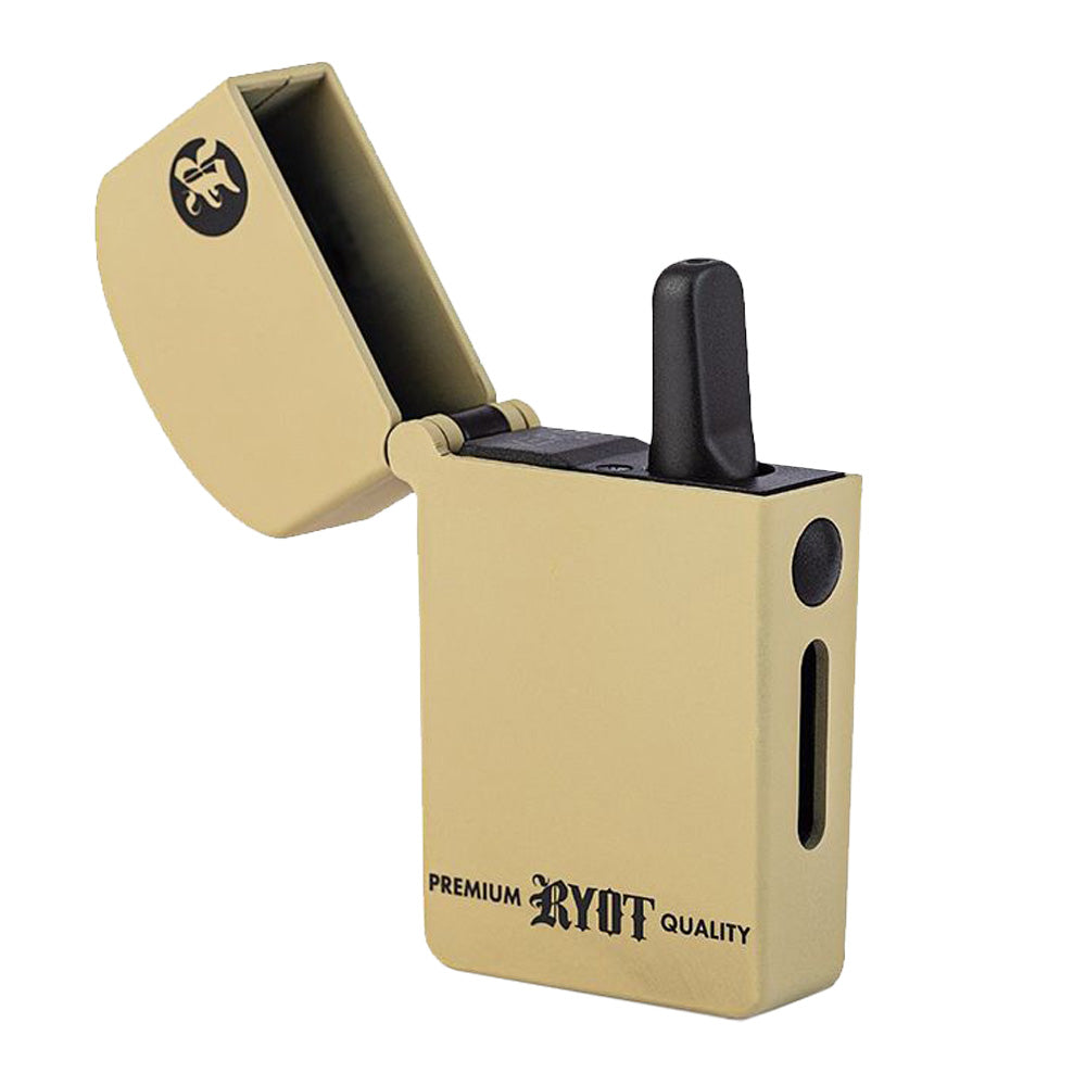 A detailed studio product shot of the RYOT VERB 510 Flip vaporizer in Tan with its top lid flipped completely open. The internal drop-in chamber is visible, showcasing a 510 oil cartridge safely loaded into the magnetic connector terminal.