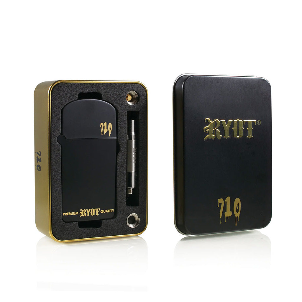Black and Gold RYOT Verb 710 Vape Battery packaging featuring a premium metal travel case and discrete branding.