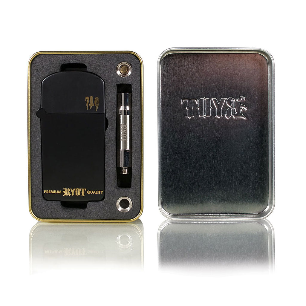 Top down view of Black RYOT Verb 710 flip battery inside a protective metal gift box with laser-etched logos.