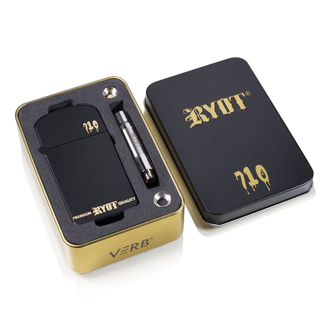 Premium Black and Gold RYOT Verb 710 Flip vape starter kit featuring a secure metal case and stylish 710 branding.