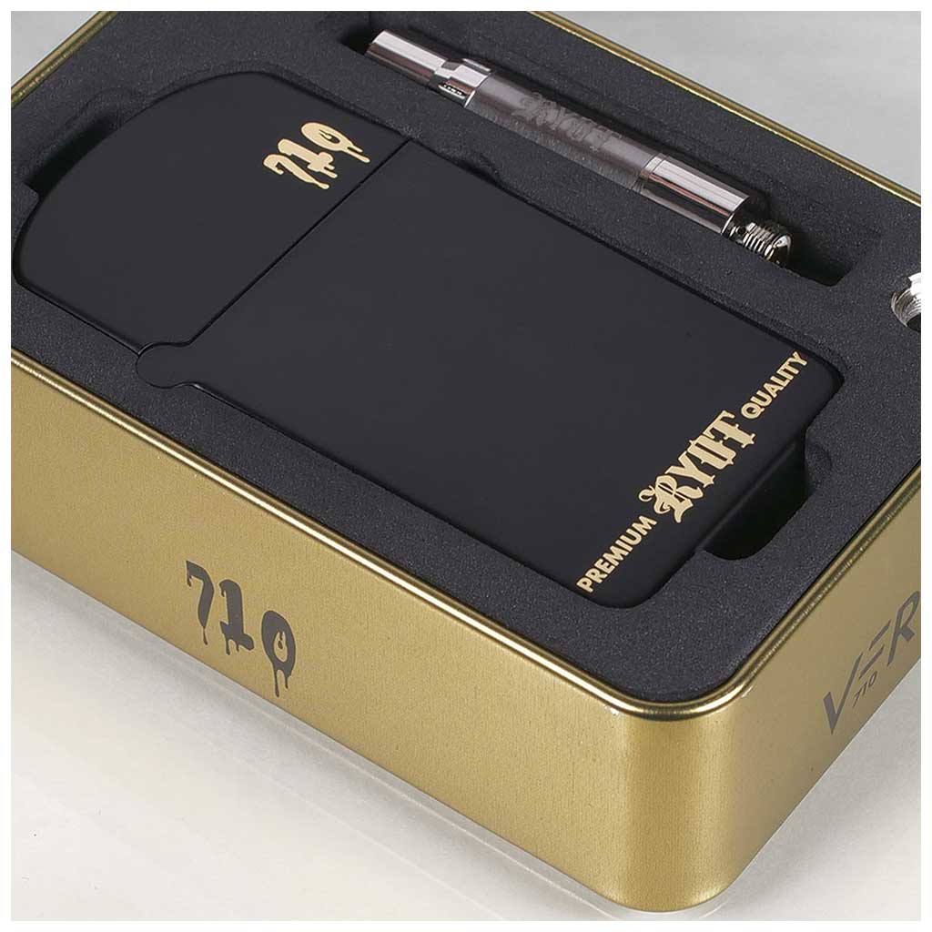 Close-up of the Black RYOT Verb 710 Flip 510 battery highlighting the metallic gold branding and integrated zippo style hinge.