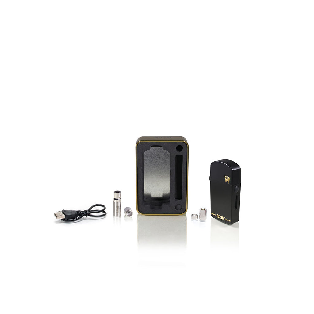 Black RYOT Verb 710 Vape Battery and matching 510 concentrate cartridge showcased with its premium metal gift box packaging.
