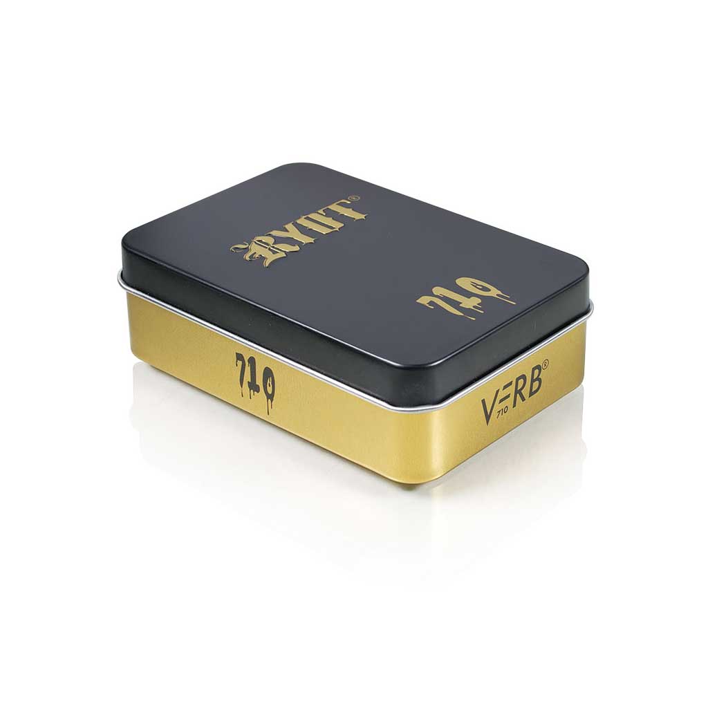 Black RYOT VERB 710 FLIP battery gift box featuring gold foil 710 drip logo and premium retail design.