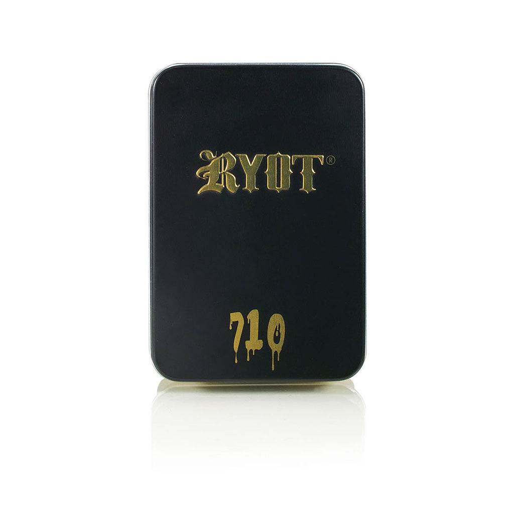Retail lid of the Black RYOT VERB 710 FLIP battery kit with gold foil 710 drip logo and "Premium Quality" text.