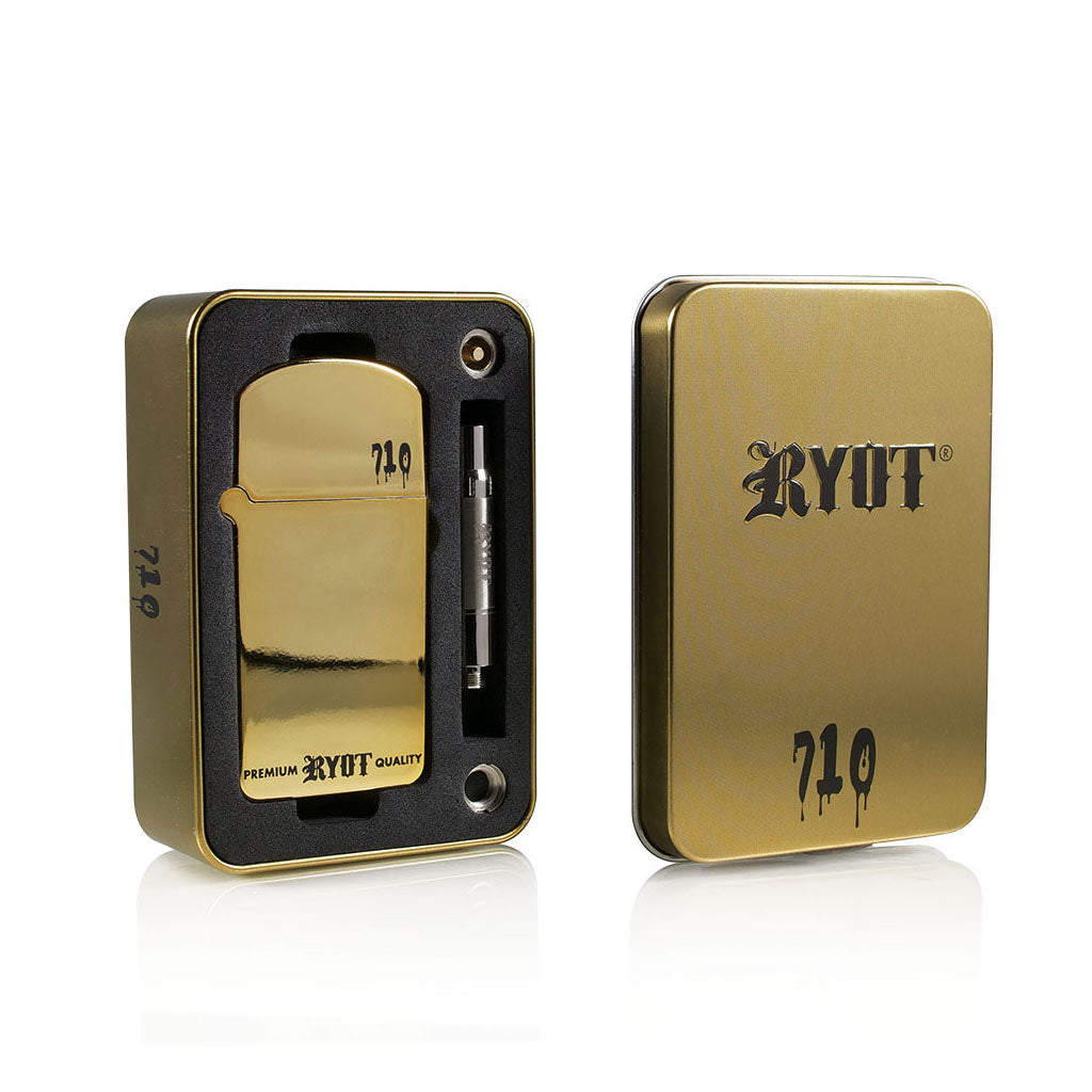 Limited edition Gold RYOT Verb 710 Flip battery unboxing with matching gold-finished collector's tin.