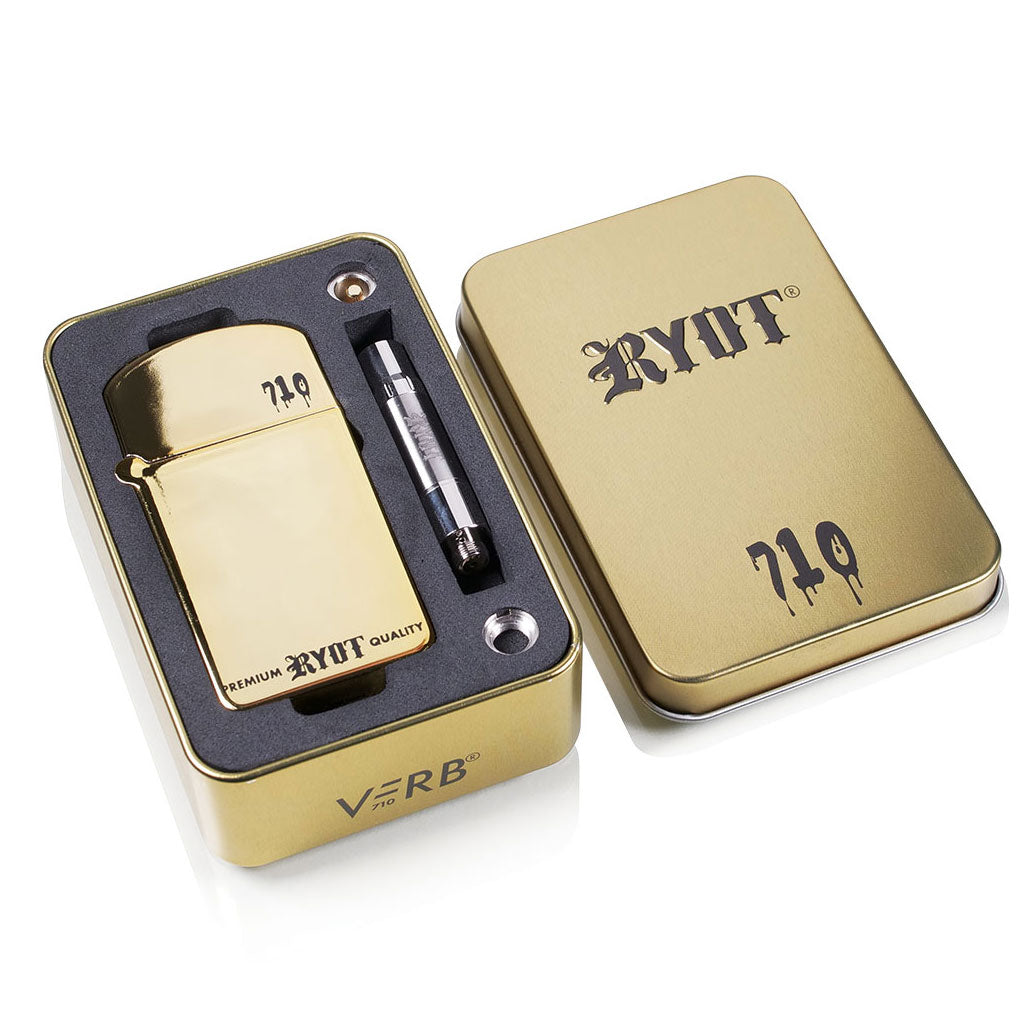 Limited Edition Gold RYOT Verb 710 Flip battery gift set unboxing view with durable matching metallic collector's tin.