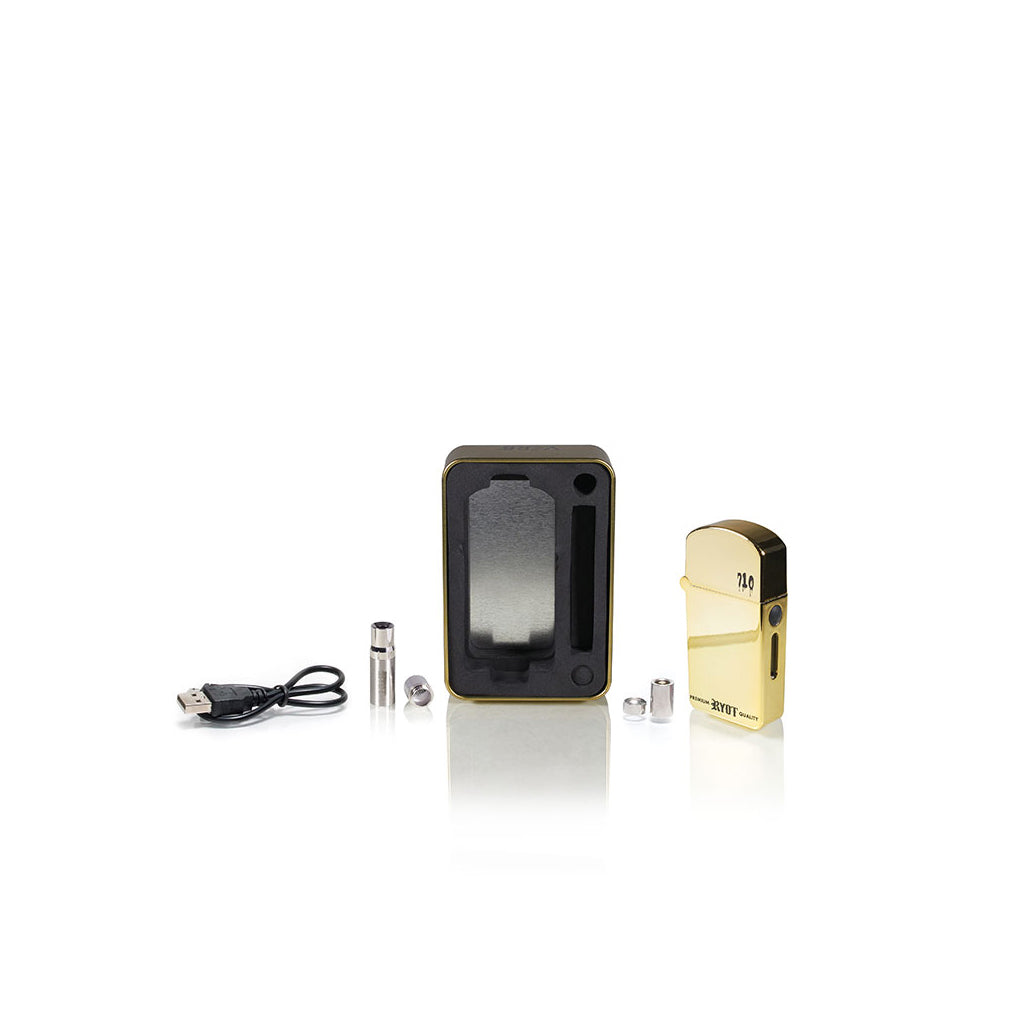 Gold RYOT Verb 710 Flip starter kit contents showing the metallic battery, 510 thread cartridge, and collector's tin.