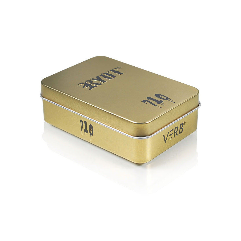 Metallic Gold RYOT VERB 710 FLIP collector's tin front view with high-shine finish and "Premium Quality" embossing.