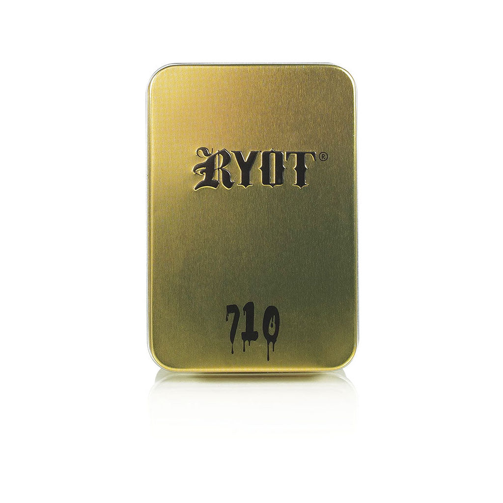 Polished Gold RYOT VERB 710 FLIP battery gift box lid showing the high-shine metallic finish and embossed logos.