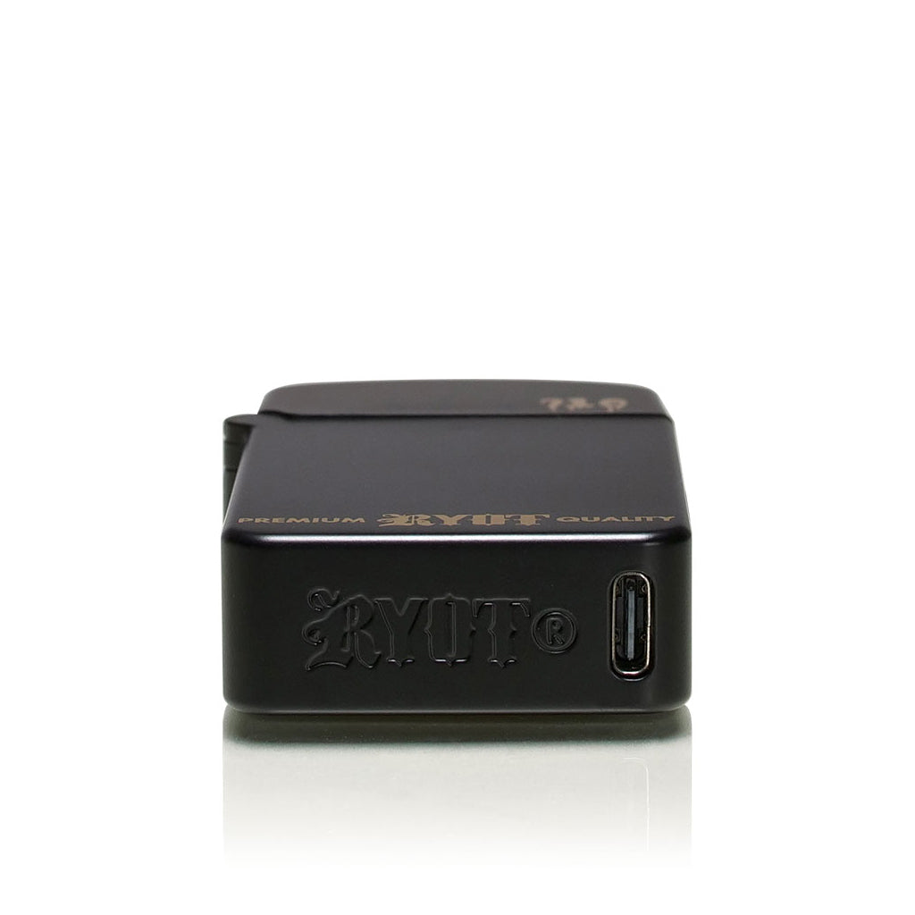 Bottom view of the Black RYOT Verb 710 510 battery highlighting fast USB-C charging and premium branding.