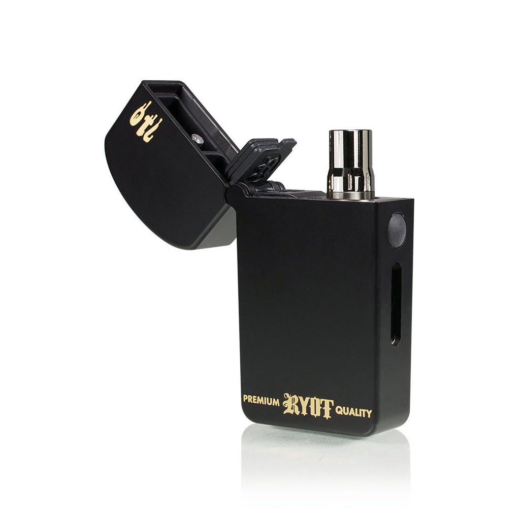 Discreet Black RYOT VERB 710 vaporizer open, highlighting the flip-top lid that completely conceals 510 cartridges when closed.