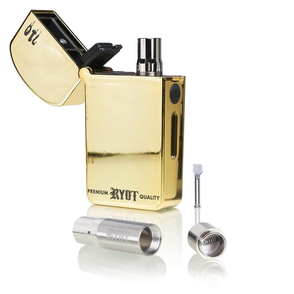 RYOT VERB 710 flip-top vape battery in Gold and Black, shown in the open "lighter" position with the 510-thread 710 wax tank and ceramic coil.