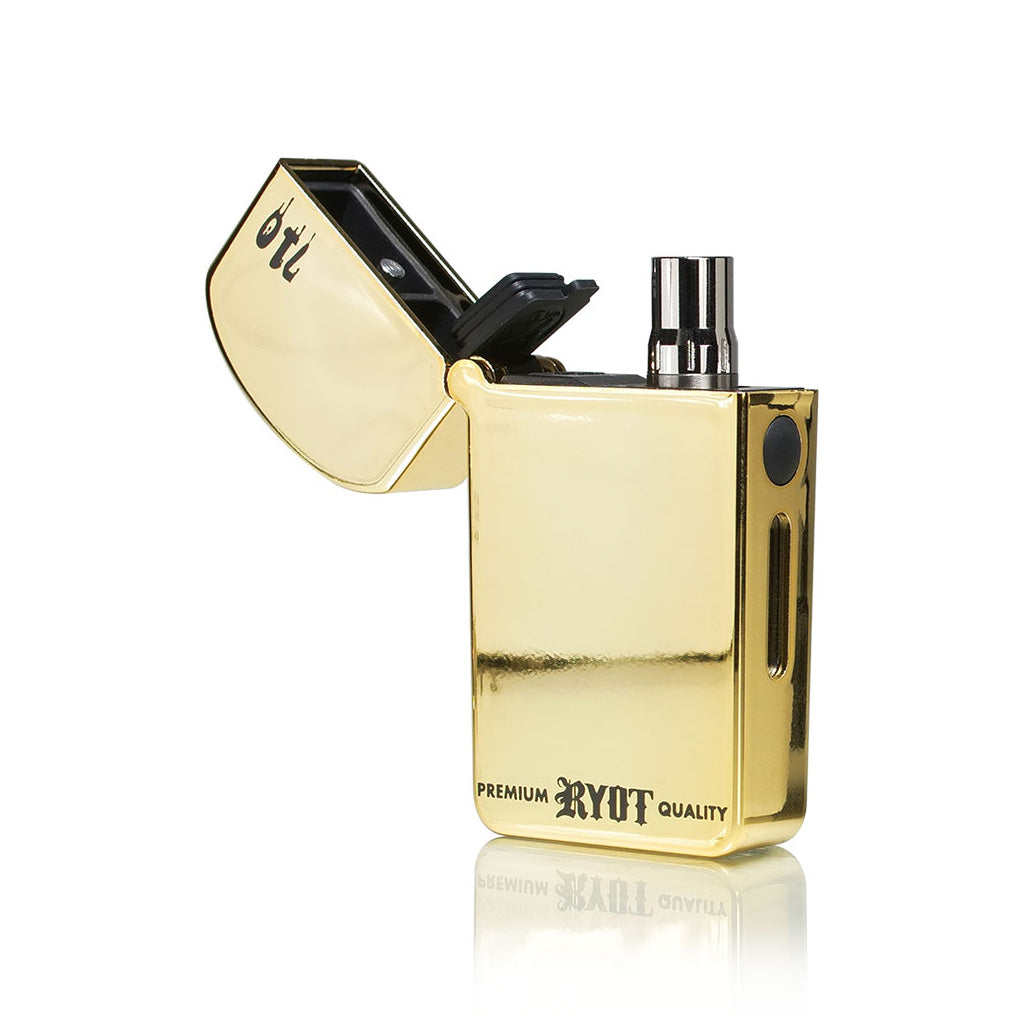 Discreet Gold and Black RYOT VERB 710 FLIP vaporizer open, highlighting the flip-top lid that completely conceals 510 cartridges when closed.