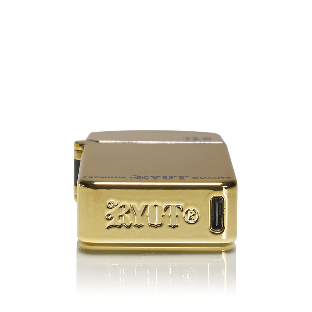 Detail shot of the Gold RYOT Verb 710 metallic base with USB-C port for convenient 510 vape charging.