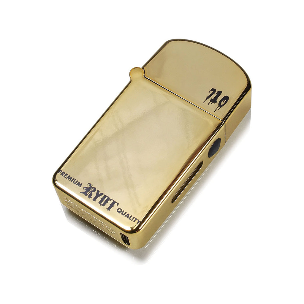 Limited edition Gold RYOT Verb 710 Flip Battery with a high-shine metallic finish and 510 thread compatibility.