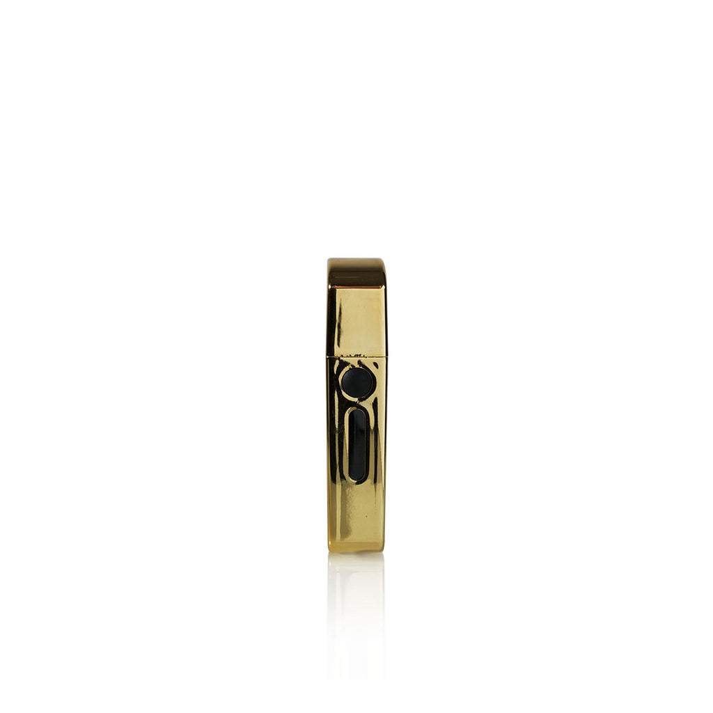 Metallic Gold RYOT Verb 710 battery side view featuring the zippo-style hinge and cartridge visibility window.