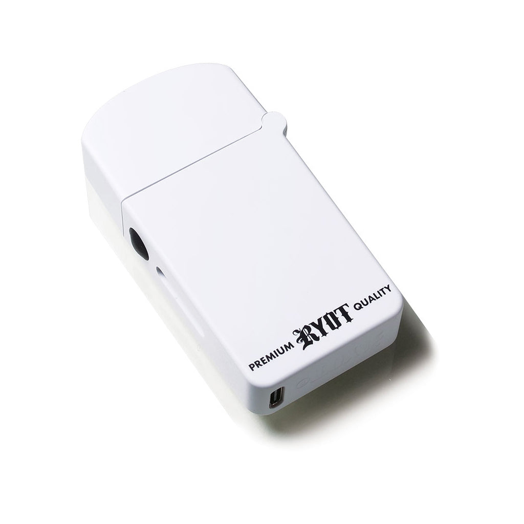 Rear view of White RYOT Verb 710 Vape showing USB-C charging port and sleek 510 cartridge concealment.