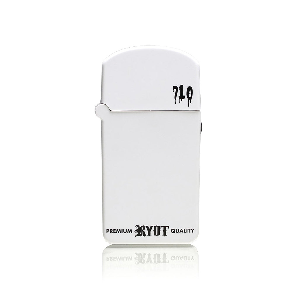 RYOT VERB 710 FLIP closed view in White, demonstrating the "incognito" lighter aesthetic for discreet portable vaping.