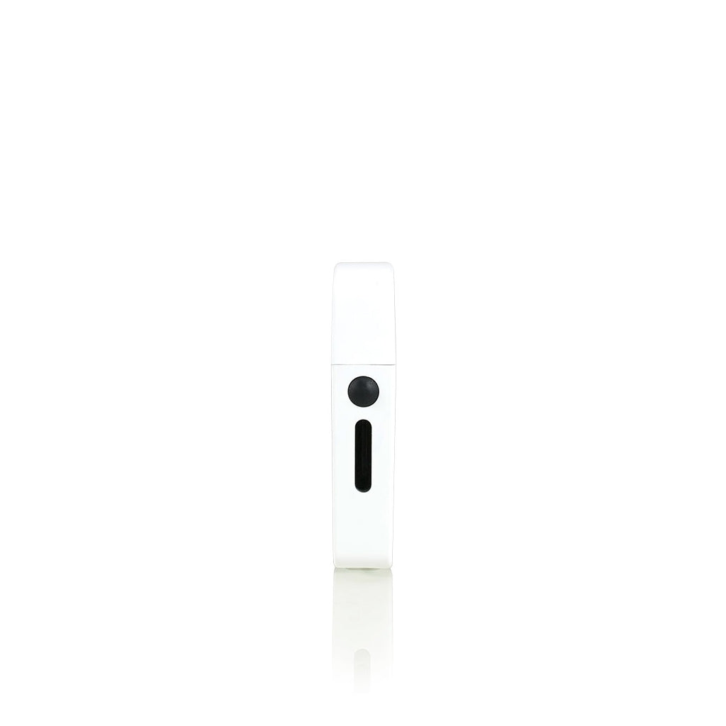 Side view of White RYOT Verb 710 battery highlighting the tactile power button and transparent oil viewing window.