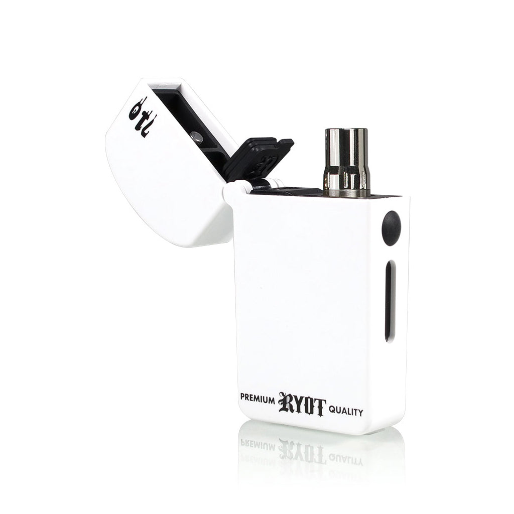 Discreet White RYOT VERB 710 FLIP vaporizer open, highlighting the flip-top lid that completely conceals 510 cartridges when closed.