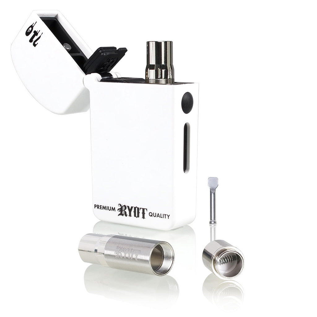 RYOT VERB 710 FLIP vape battery in White, showing the signature flip-top lid open with a 510 cartridge and 710 wax tank components.