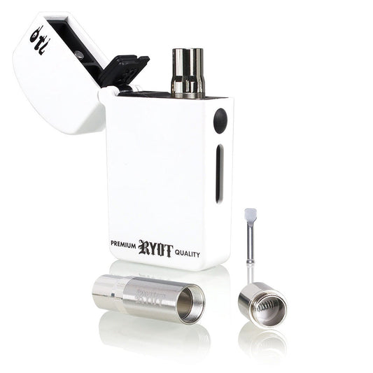 RYOT VERB 710 FLIP vape battery in White, showing the signature flip-top lid open with a 510 cartridge and 710 wax tank components.