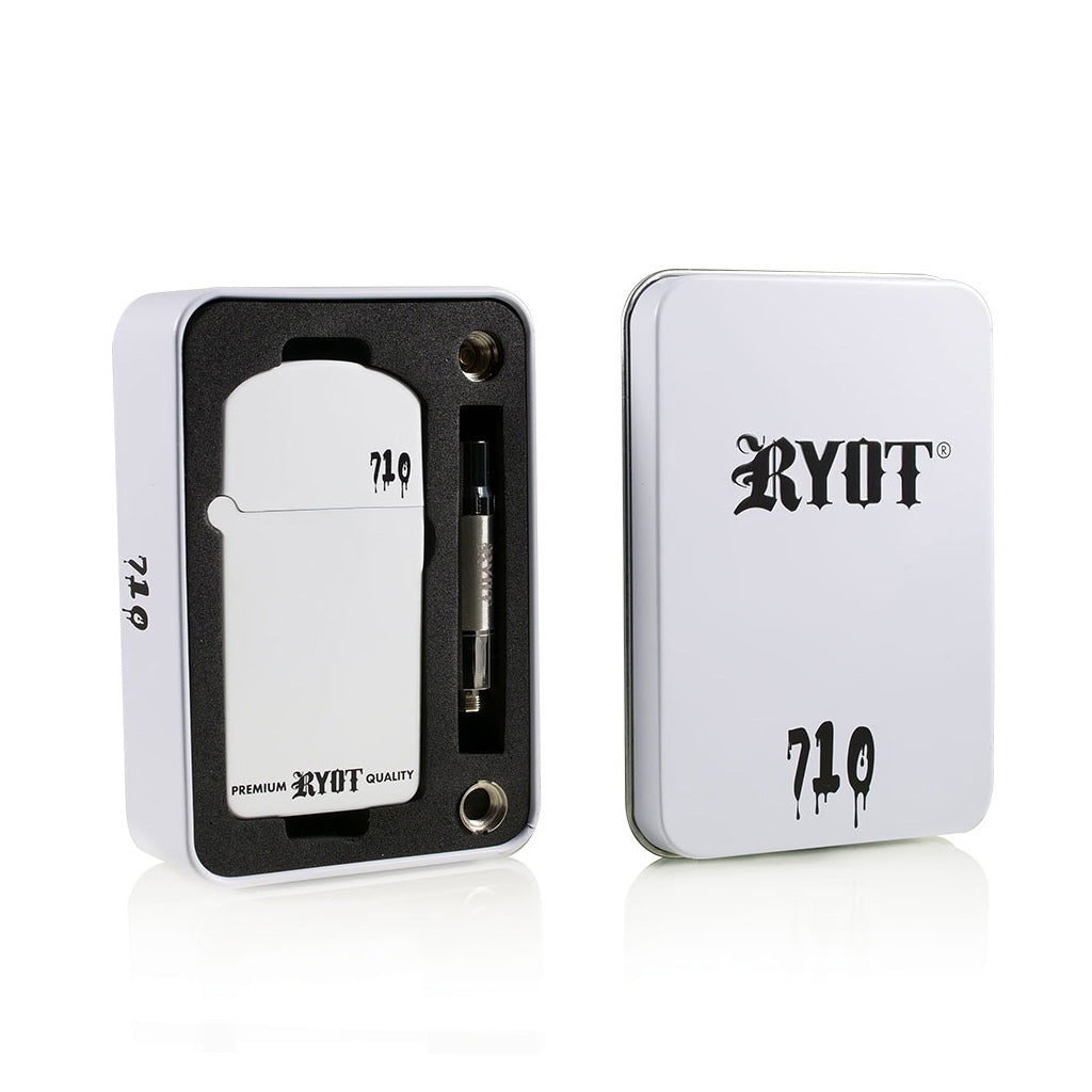 White RYOT Verb 710 Flip battery gift set in protective foam-lined travel tin with 510 cartridge storage slot.