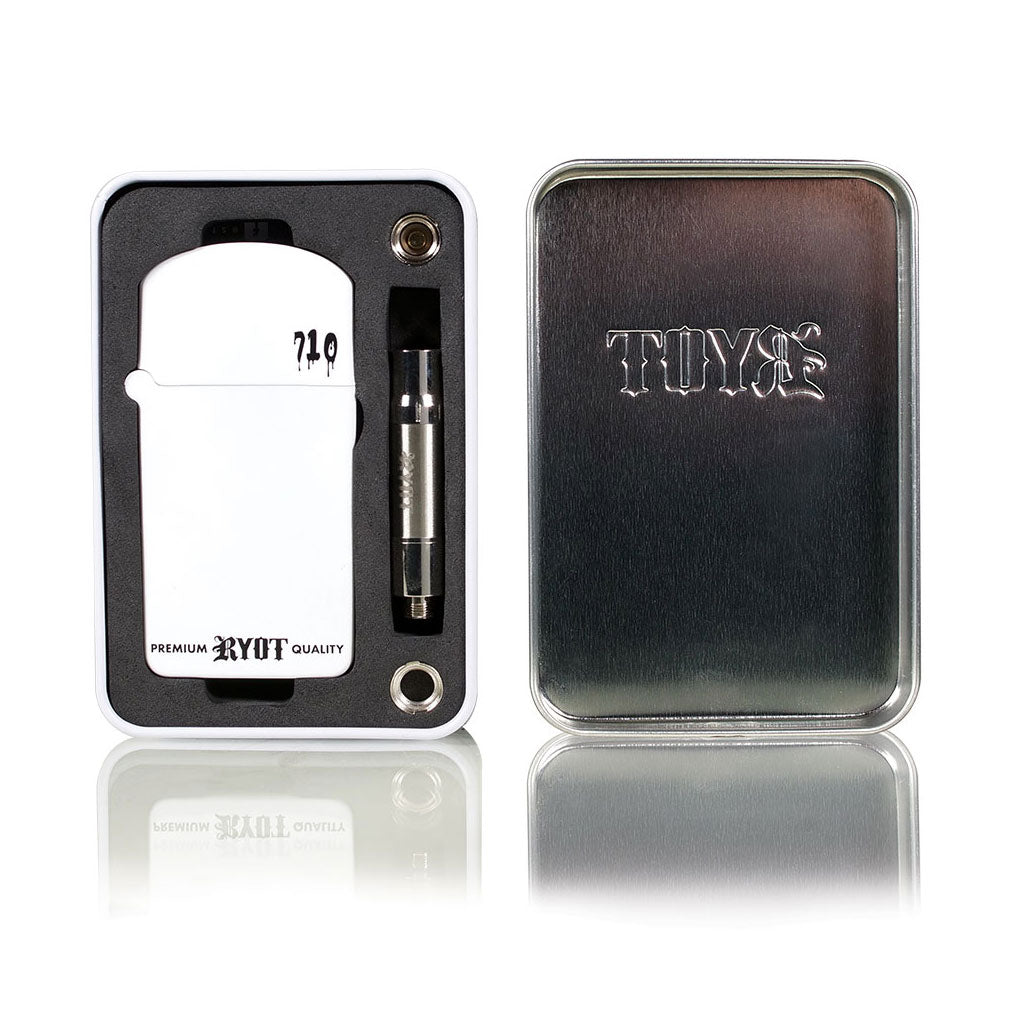 Top view of White RYOT Verb 710 Flip starter kit in travel tin, showing the secure foam insert and embossed lid.