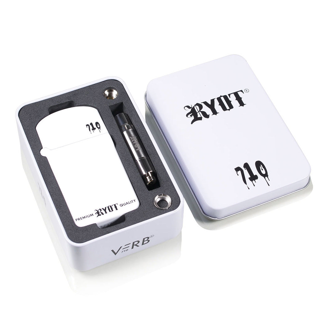 Complete White RYOT Verb 710 Flip battery gift set including foam-lined travel tin and a discrete 510 thread cartridge.