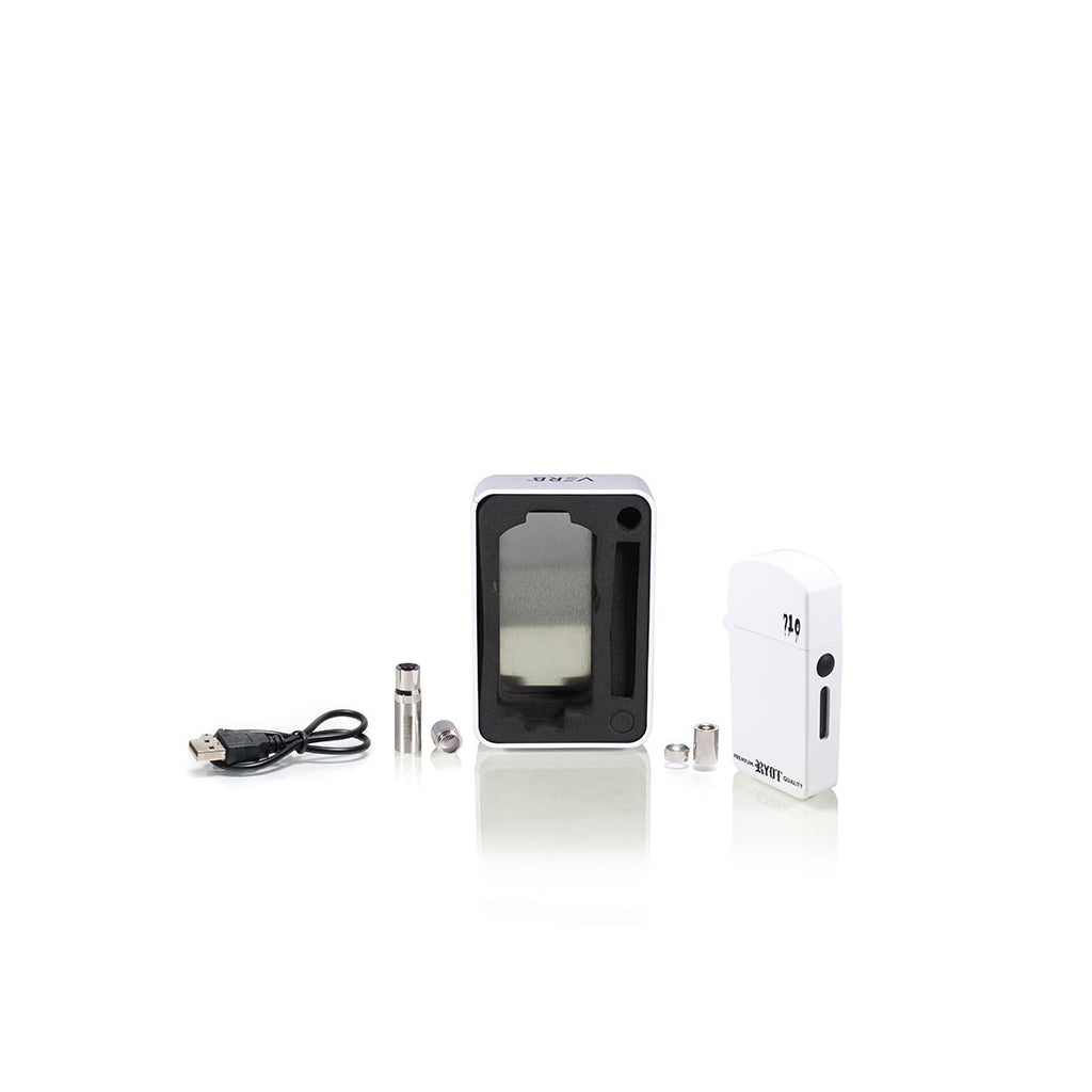 White RYOT Verb 710 Flip battery kit displayed next to its protective foam-lined travel tin and a 510 concentrate cartridge.