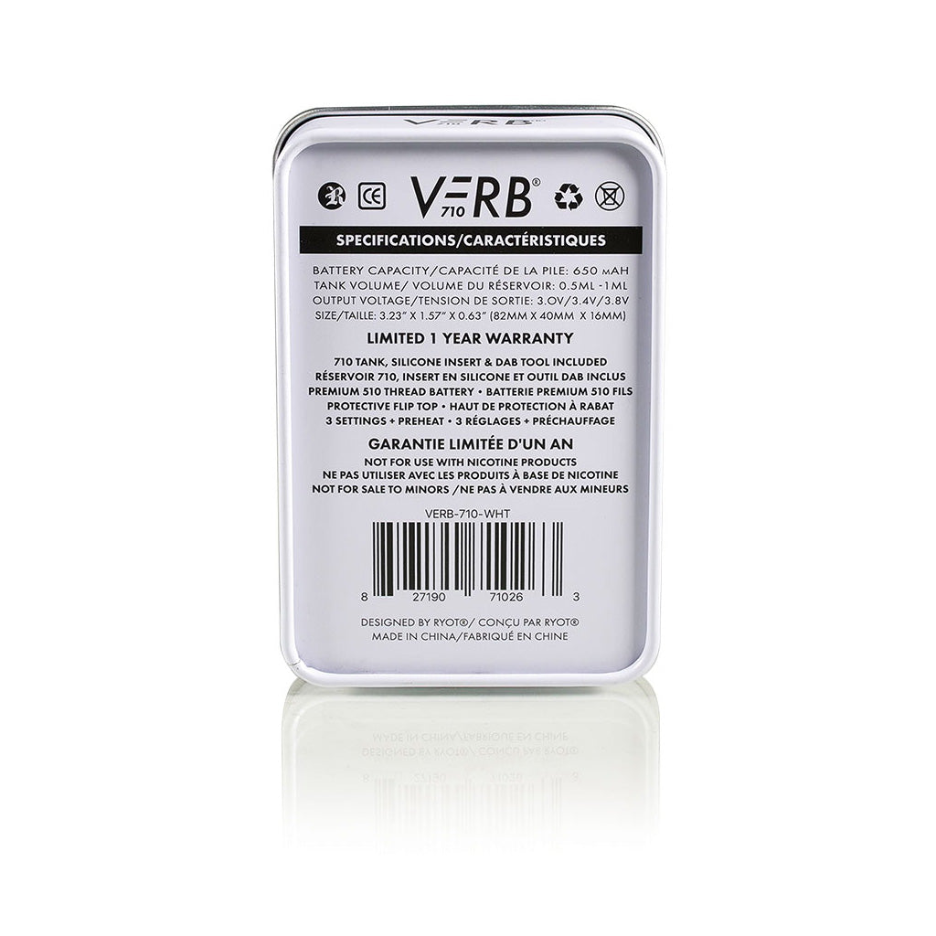 Back of the White RYOT VERB 710 FLIP retail packaging standing upright, showing the clean minimalist design.
