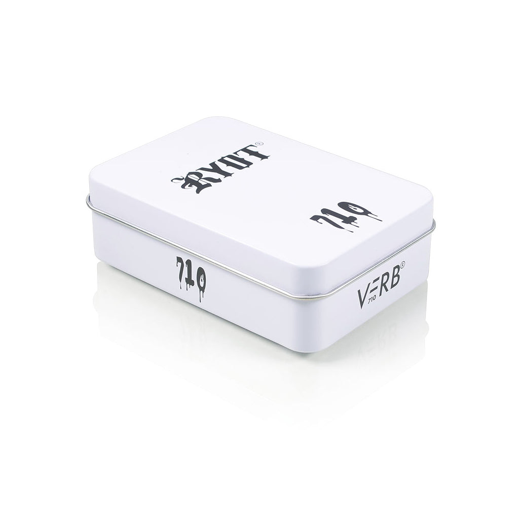 Front view of the White RYOT VERB 710 FLIP retail tin with embossed branding and matte white finish.
