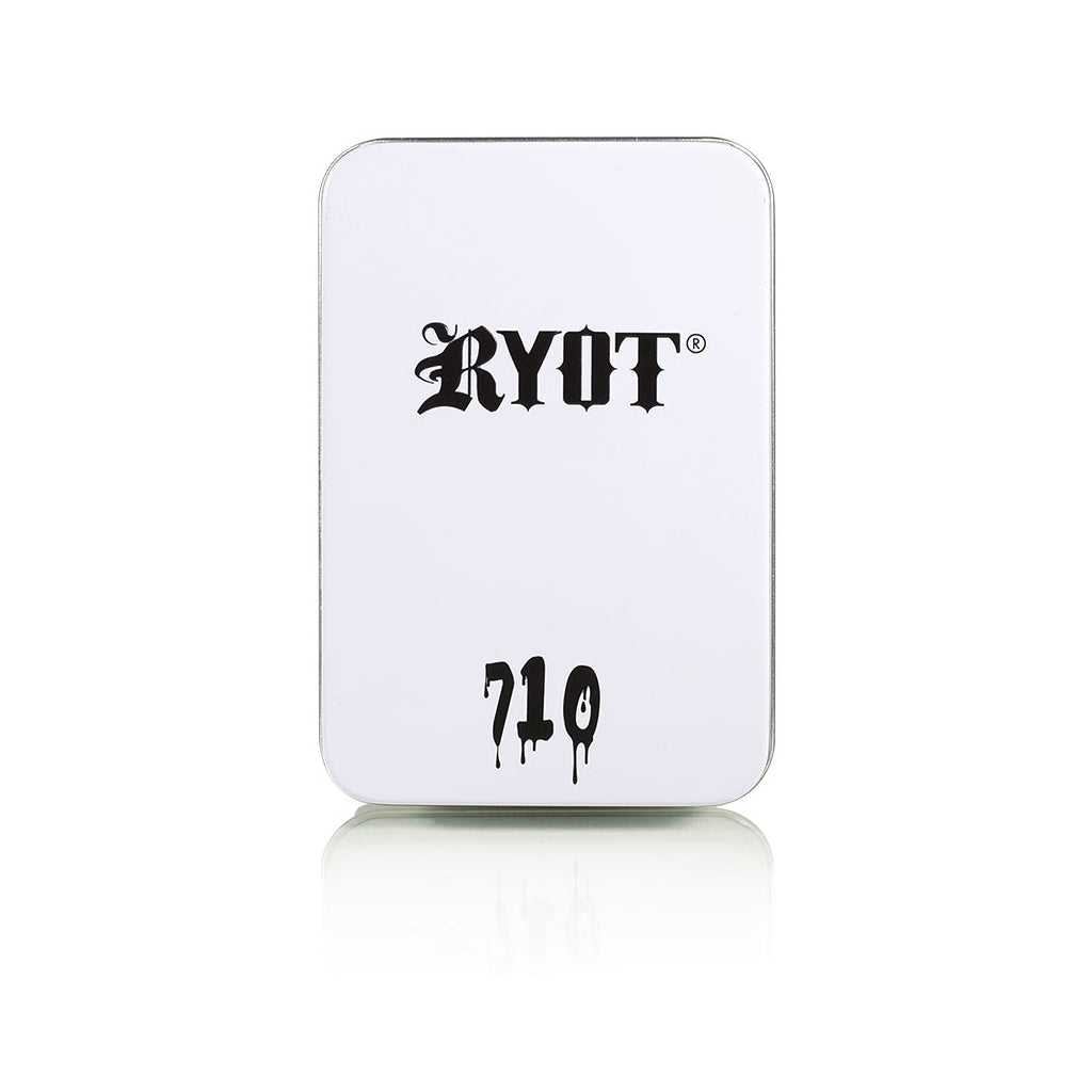 Front view of the White RYOT VERB 710 FLIP retail packaging tin featuring embossed RYOT branding and a matte finish.