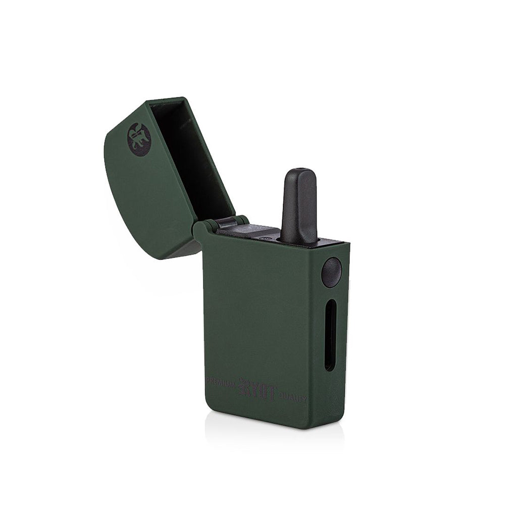Open view of the Olive Green RYOT Verb vaporizer, showcasing the flip-top hinge and a 510 cartridge tucked inside the protective shell.