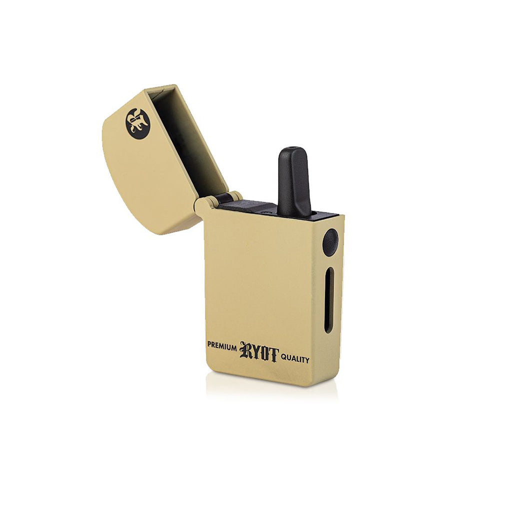 Sand-colored RYOT Verb 510 flip-top battery shown open with a 510 thread cartridge inserted, highlighting its discreet lighter appearance.