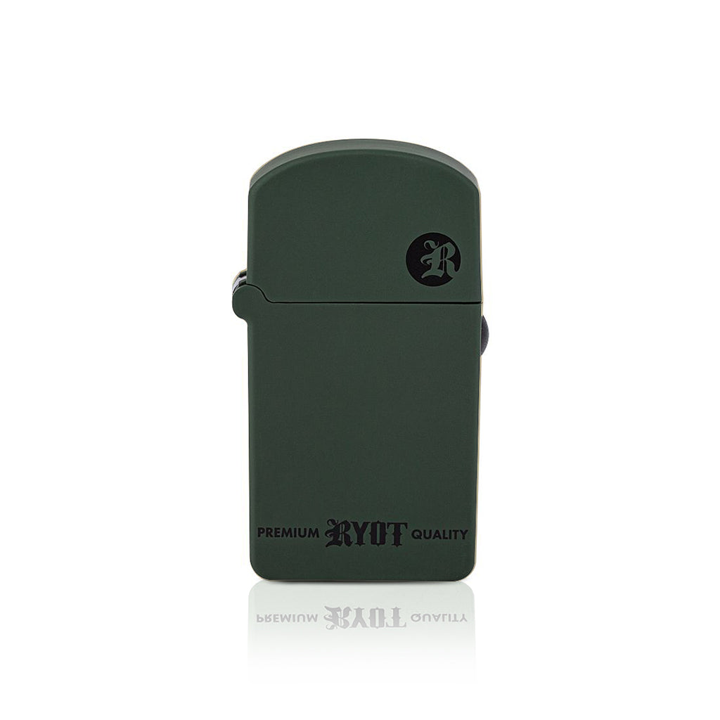 Olive Green RYOT Verb 510 thread battery with a discreet lighter-style flip-top and Micro USB charging port.